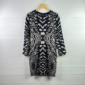 MAGGY LONDON Navy Blue Cream Abstract Design Long Sleeve Midi Dress Size 4